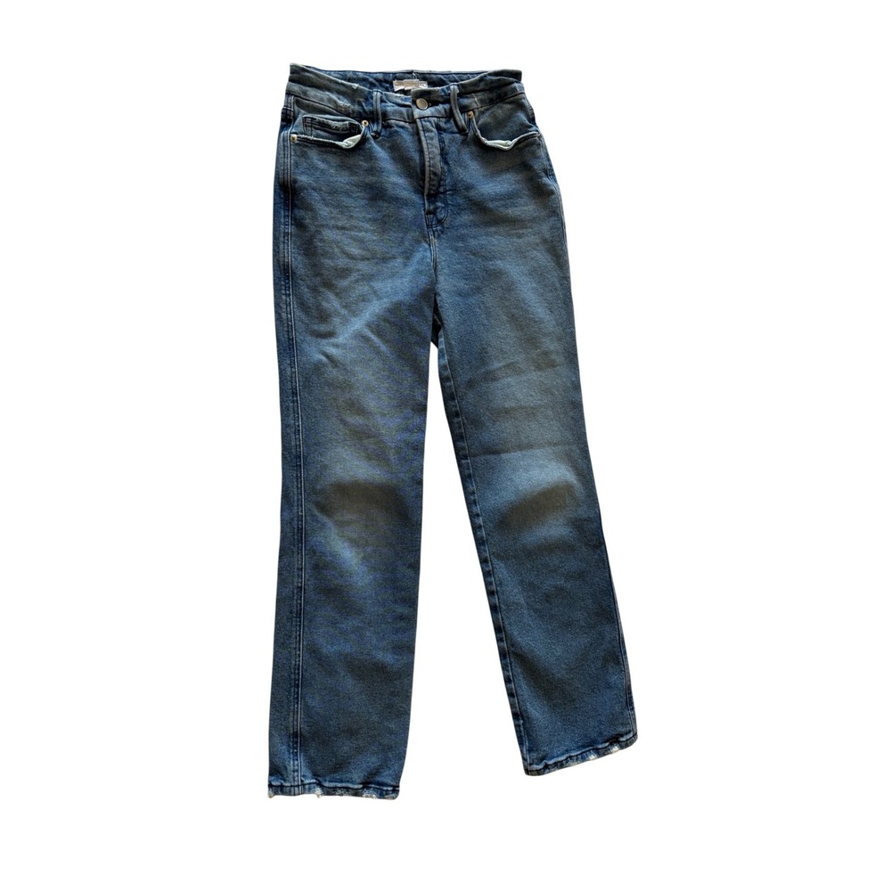 Good American Good Straight High Rise Jeans Blue Distressed Raw Hem 2/26